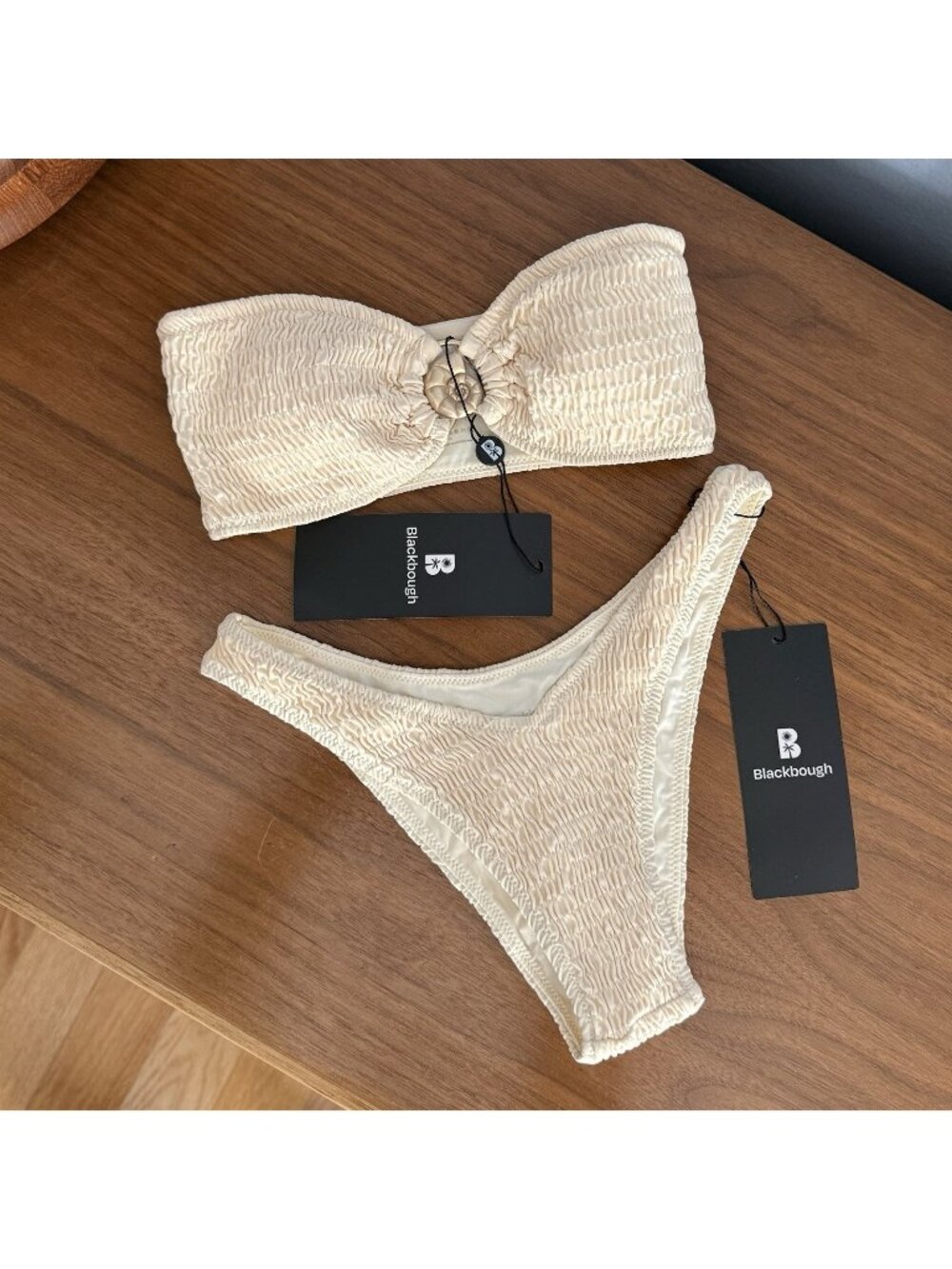 Blackbough Smocked Shelby Bandeau Top & Cheeky Bottoms Bikini Set Ivory